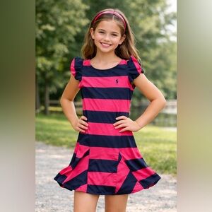 Ralph Lauren Girls L 12-14 Pink Navy Stripe Fit & Flare Dress Cotton Blend EUC